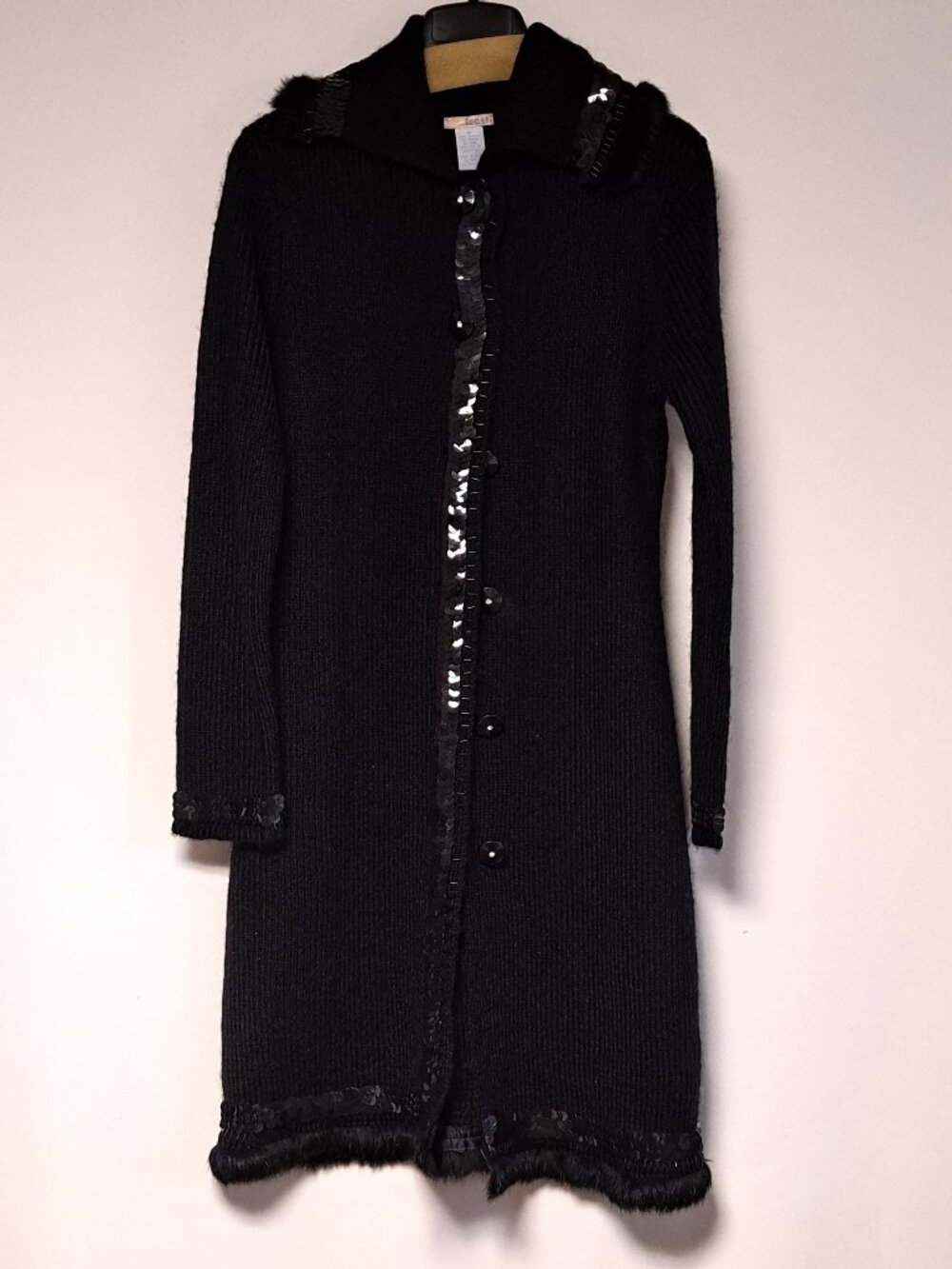 LADIES BLACK LONG CARDIGAN W SEQUINS & FUR TRIM COLLAR CUFFS & BOTTOM SIZE M